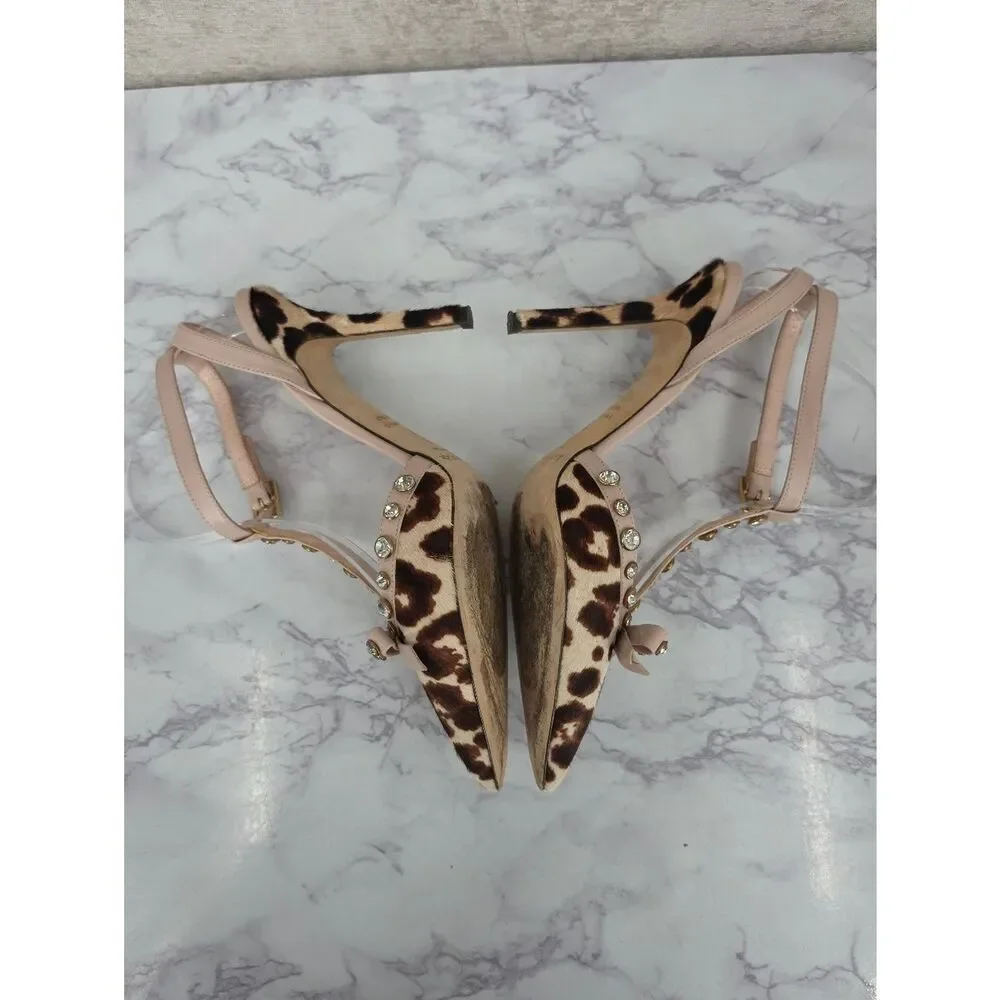 Kate Spade Lydia Calf Hair Leopard Print Rhinestone Studded T-Strap Pumps Heels
